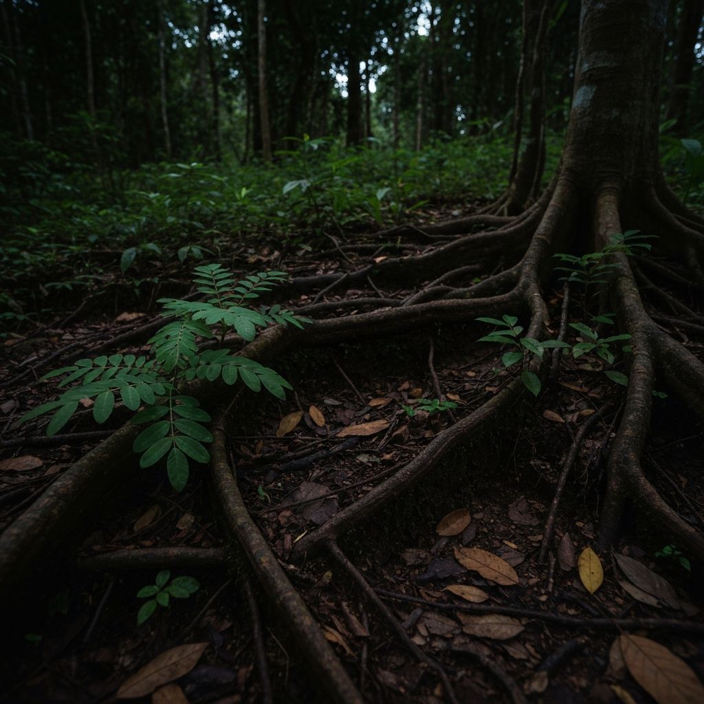 Indonesian rainforest floor with natural herbs